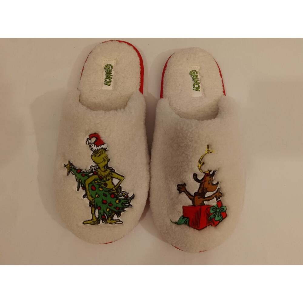 The Grinch Christmas Slippers – Size L (9-10) – Fuzzy White Slip-Ons